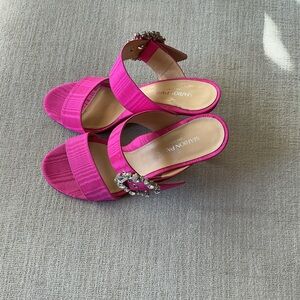 Hot Pink Heeled Sandals with Embellished Strap, Crystal buckle